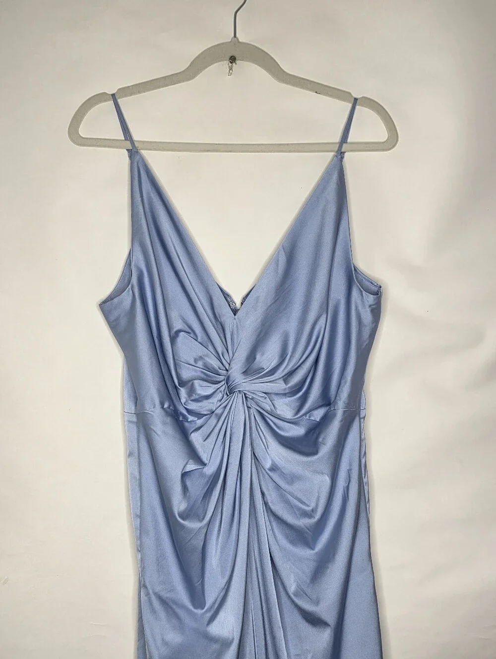 Abercrombie & Fitch Draped Twist Front Maxi Dress Size L Satin Blue Event Party